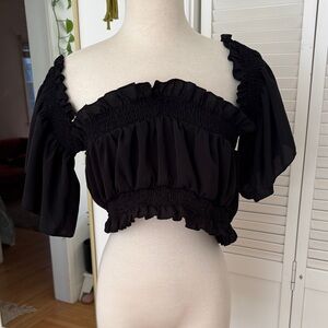 SHEIN Black Smocked Ruffle Off-Shoulder Crop Top
